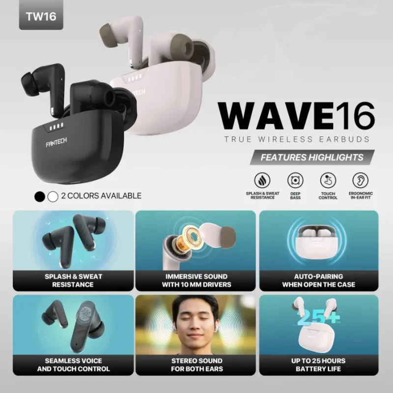 Fantech Wave TW16 earbuds Bluetooth 5.4 13mm driver wireless earbuds