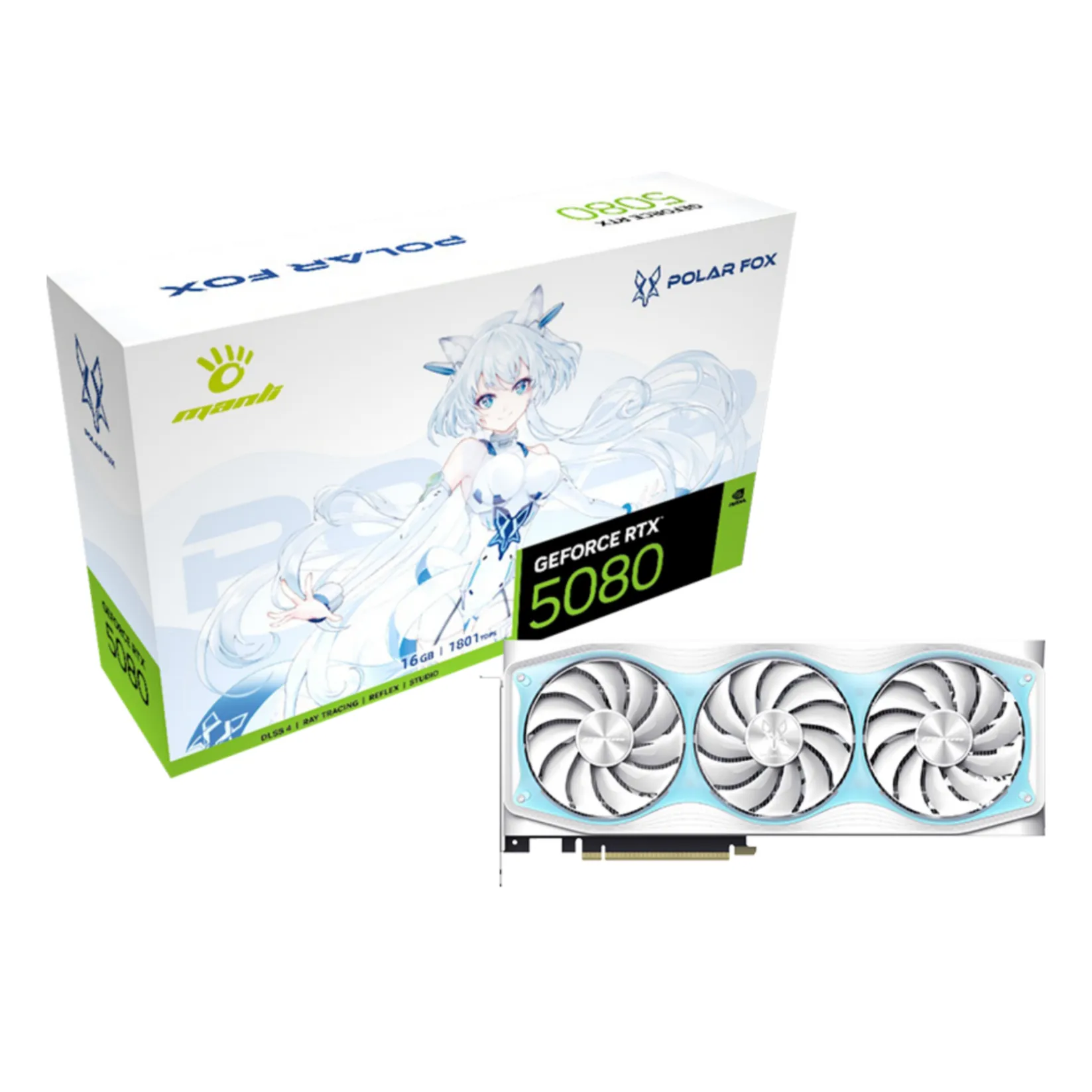 Manli Polar Fox V2 RTX 5080 OC 16GB GPU White Edition Manli Polar Fox V2 RTX 5080 OC 16GB GDDR7 Triple Fan White Graphics Card