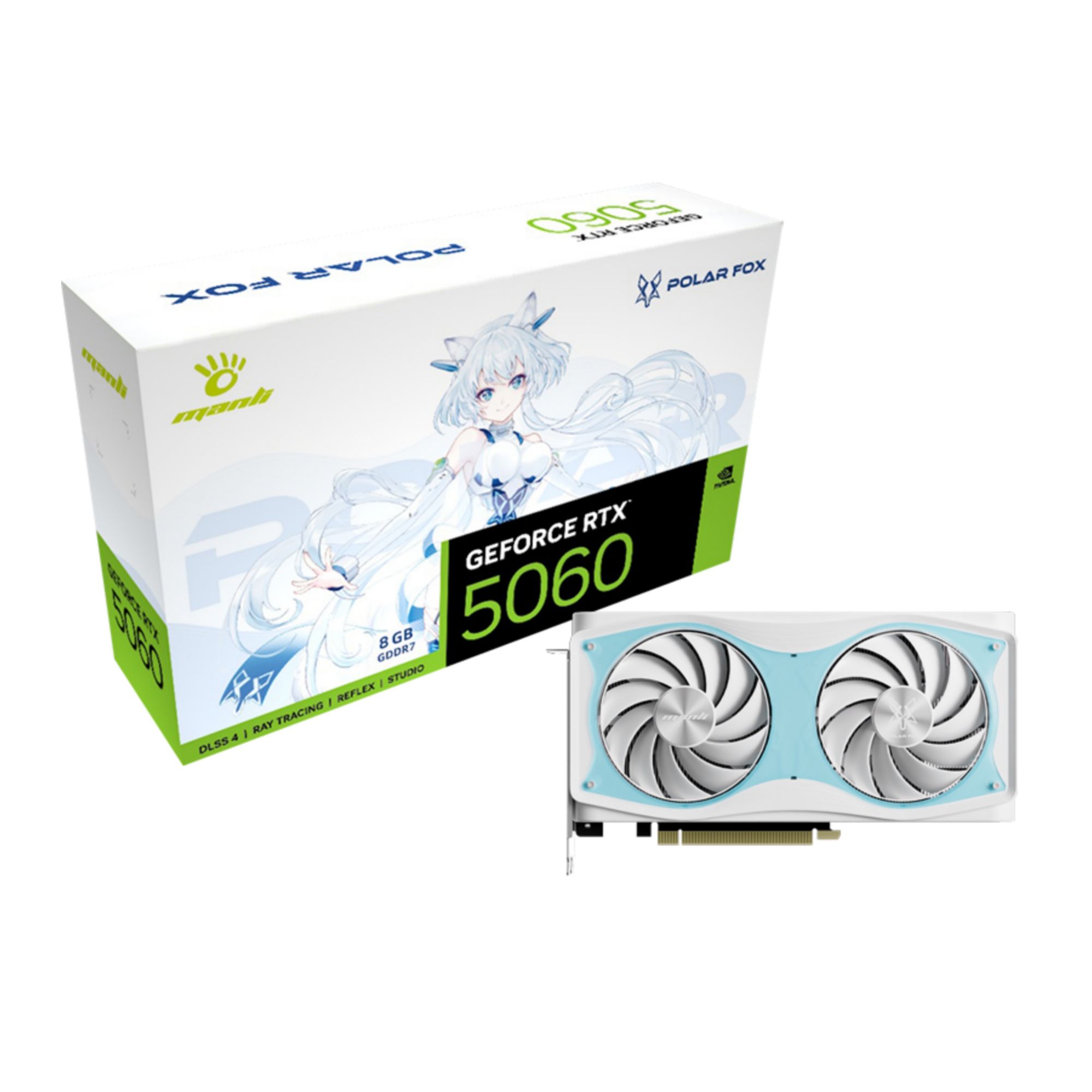Manli Polar Fox RTX 5060 OC 8GB GDDR7 Twin Fan Graphics Card Manli Polar Fox GeForce RTX 5060 OC 8GB GDDR7 Twin Cooler GPU with HDMI DisplayPort
